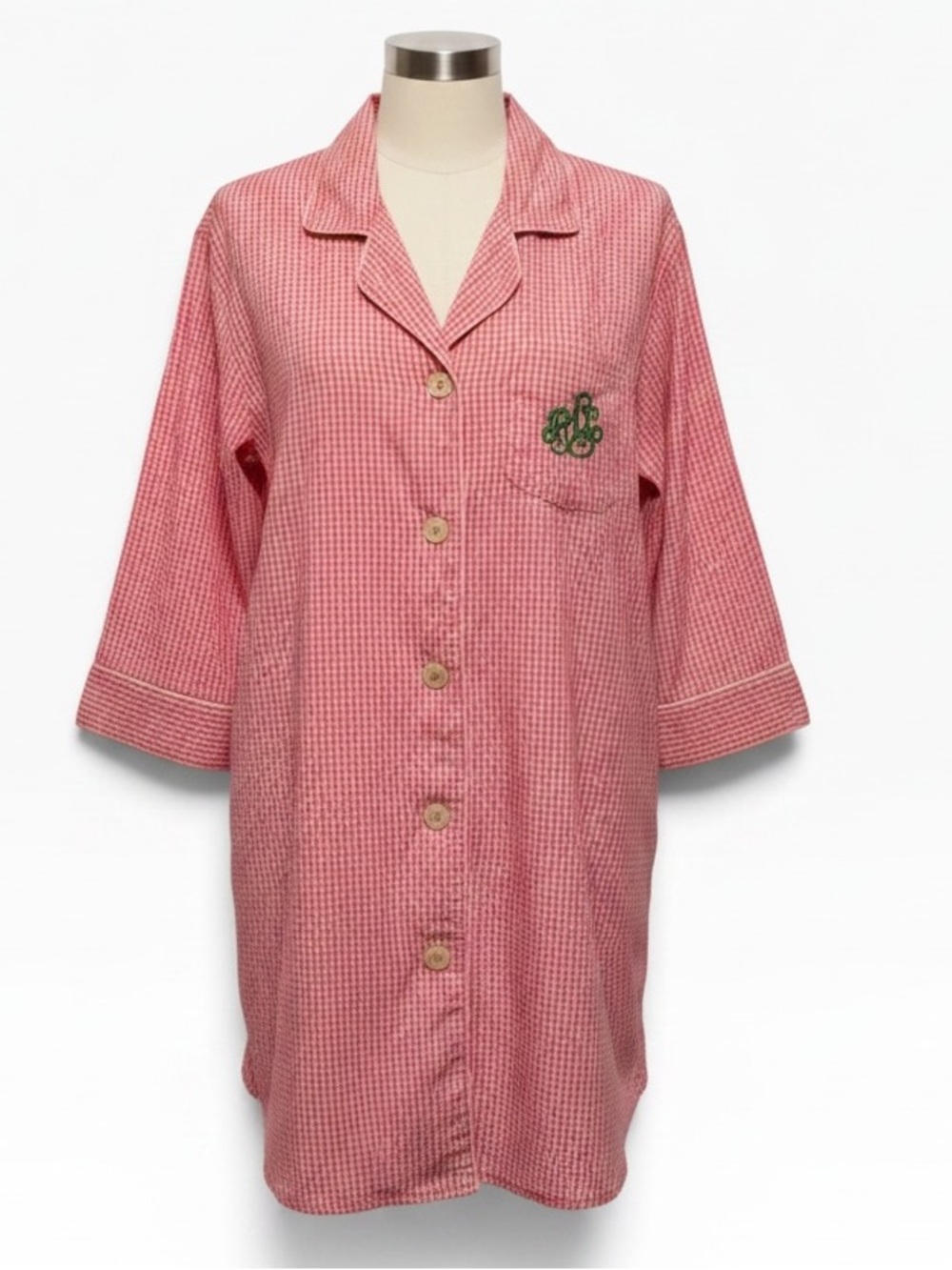 Lauren Ralph Lauren Pink Gingham Button-Down Sleep Shirt w/ Chest Embroidery MED